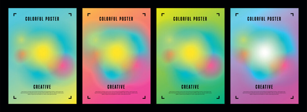 A series of four vibrant abstract posters featuring fluid color gradients and minimalist text elements high-quality professional