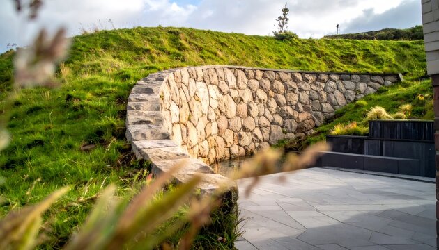 Rock retaining wall creating terraced garden landscaping