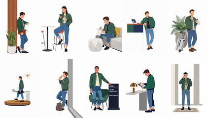Fototapeta premium Collection of flat vector illustrations depicting a stylish man in a green bomber jacket and jeans in various lifestyle and travel scenarios.