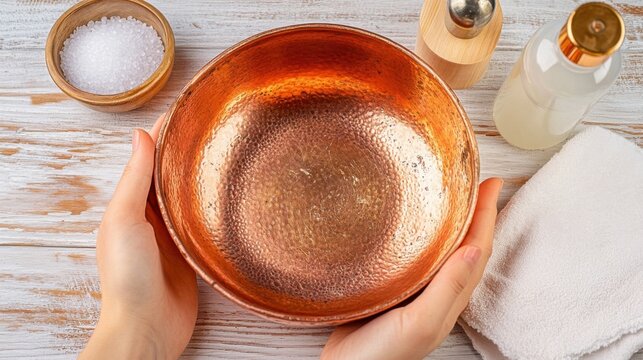 Hands Holding a Textured Copper Pot with Verdigris Patina
