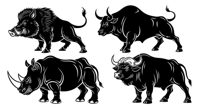 Four black and white bull illustrations.