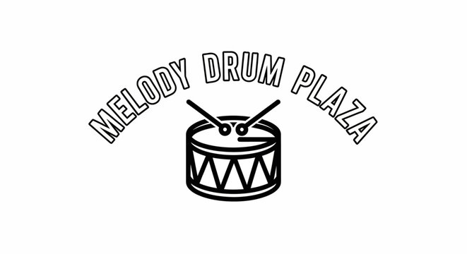 Drum logo with drumsticks on top.