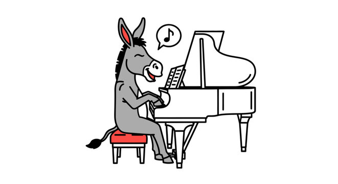 Donkey playing a piano happily outside.