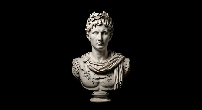A sculpted white marble bust of a historical figure with a laurel crown against a black backdrop