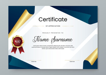 Fototapeta premium Professional landscape certificate design with dark blue background and luxury gold shield award badge