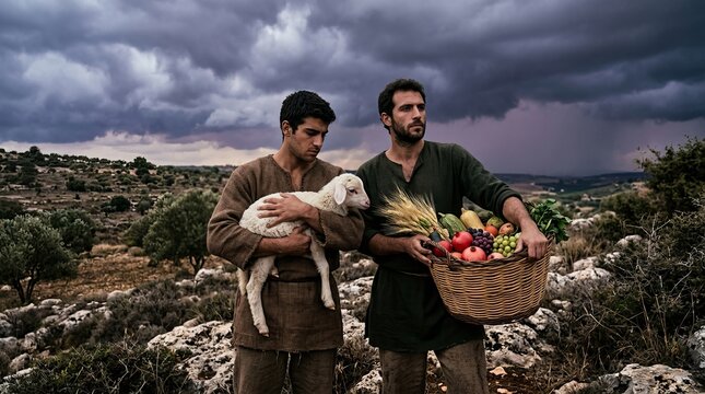 A man holding a lamb closely while standing beside a harvest basket.