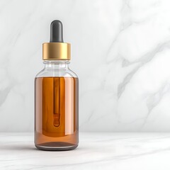 Naklejka premium Glass dropper bottle with amber liquid on light marble background for wellness and beauty