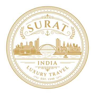 Surat India city skyline vintage gold seal luxury travel vector illustration