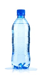 Naklejka premium A blue plastic water bottle on a white background