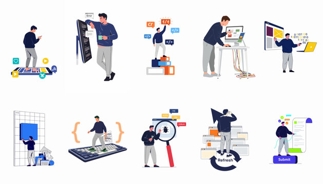 Set of Software Development and Programming Vector Illustrations Featuring Developers Working on Code, Debugging, Web Design, and Mobile App Creation Scenes.