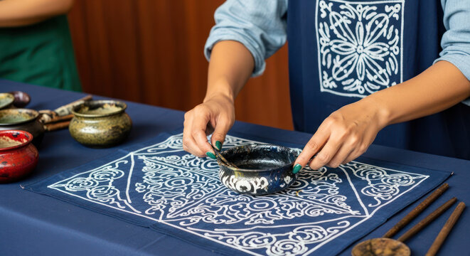 Hands Crafting Traditional Batik Art on Blue Fabric.