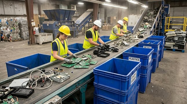 Industrial workers in high-visibility vests and hard hats sorting electronic components on a conveyor belt.