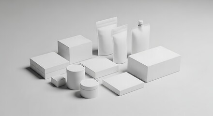 Fototapeta premium Collection of blank white cosmetic packaging containers and boxes on a light gray background.