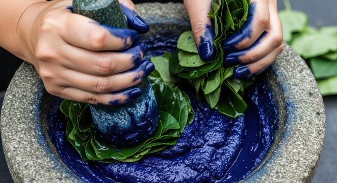 Hands Crushing Leaves in Mortar with Blue Dye for Natural Dyeing.