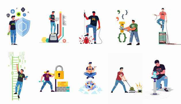 Flat illustration set depicting software developers and IT professionals engaged in coding, debugging, cybersecurity, and server management tasks.