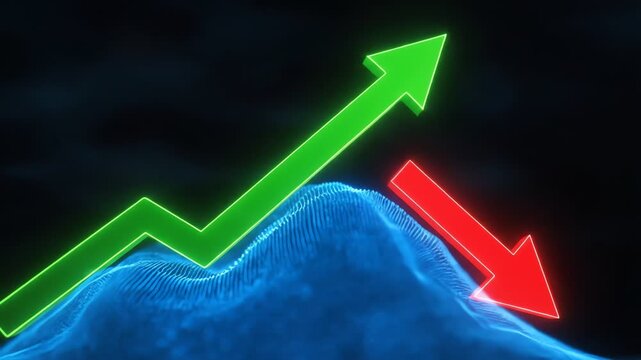 Green arrow showing upward trend over fluctuating blue landscape, red arrow down