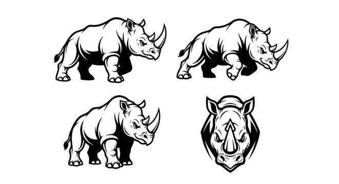 Monochrome rhinoceros illustrations showcasing strength and wildlife beauty.