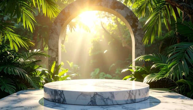 Sunlit marble archway opening to lush tropical jungle at golden hour