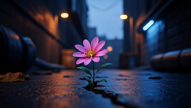 A solitary pink flower blooming in a dark urban alleyway illuminated by soft streetlights creating a striking contrast between nature and city environment