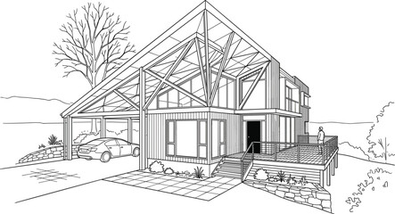 Fototapeta premium Modern timber frame house with exposed roof structure, spacious deck and carport in detailed architectural line vector illustration