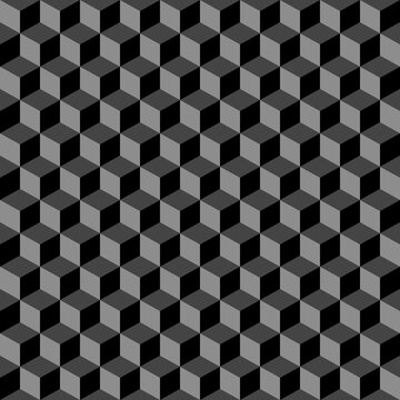 Seamless isometric cube pattern with 3D optical illusion effect. Monochrome geometric design featuring repeating grey and black cubes in a grid layout for architectural background.