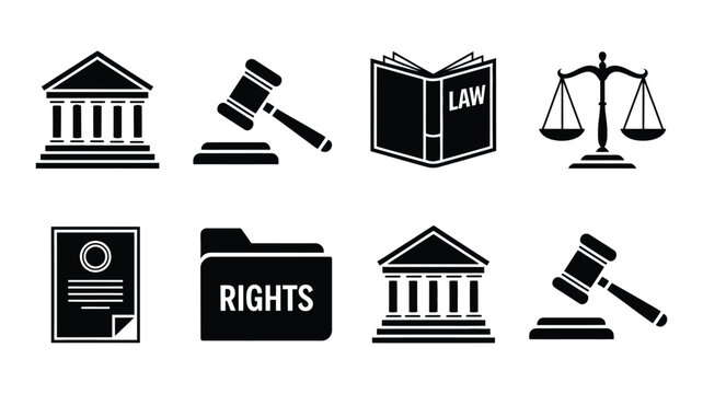 law and justice icon collection in black, set includes courthouse judge gavel law book justice scale legal document and rights folder icons for legal system vector illustration.