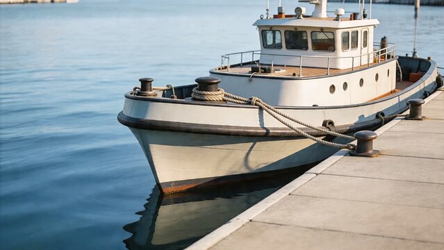 Tugboat moored at harbor, calm maritime scene
