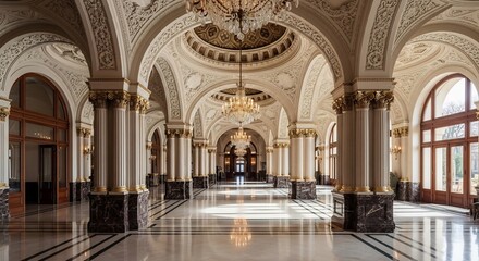 Obraz premium Grand Interior Hallway with Arches and Columns.