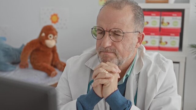 Man doctor with stethoscope, hands clasped and eyes closed at desk in clinic building with toy monkey and monitor visible; contemplation.