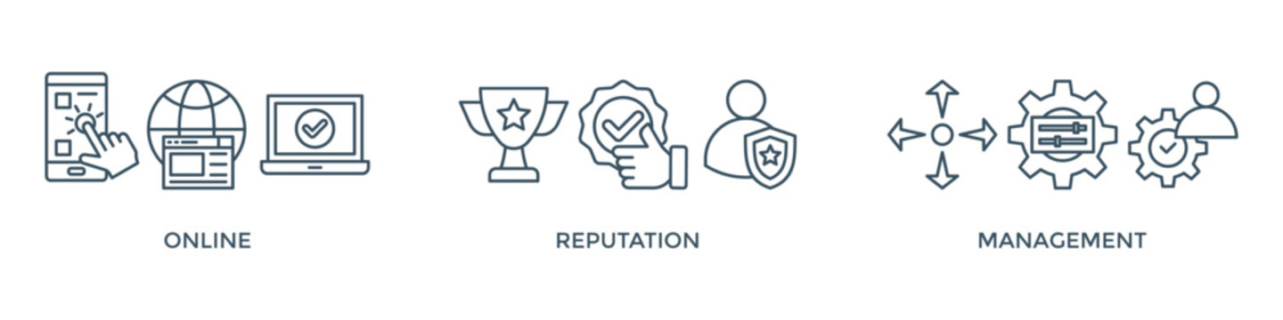ORM banner web icon vector illustration concept for online reputation management with icon of internet, browser, winner, trust, favorite, and business
