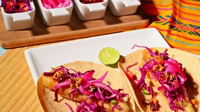 Ensenada-style fish tacos with purple cabbage salad and spicy salsa macha. Direct flash food video