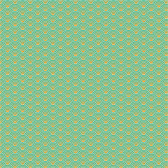 Traditional Japanese Seigaiha wave pattern vector illustration featuring teal green concentric circles with white outlines and orange accents on a repeating geometric background. © indra