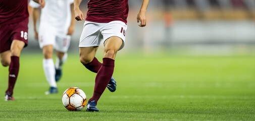 Obraz premium Soccer player feet controlling the ball on a green grass pitch during a professional match, focused on sport and competition