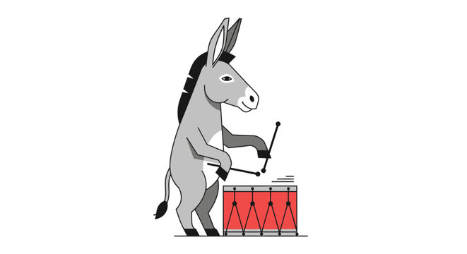 Donkey playing red drum set instrument.