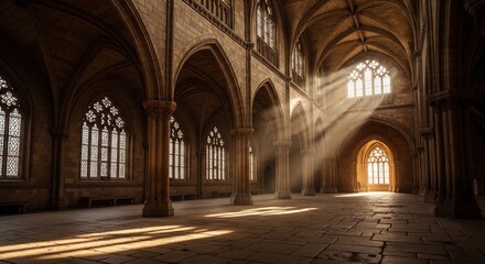Fototapeta premium Sunbeams illuminate ancient gothic cathedral interior with ornate windows.