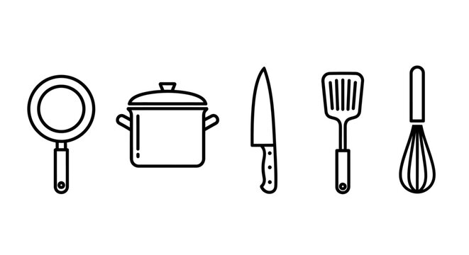 Kitchen Cooking Utensils Line Icons.
