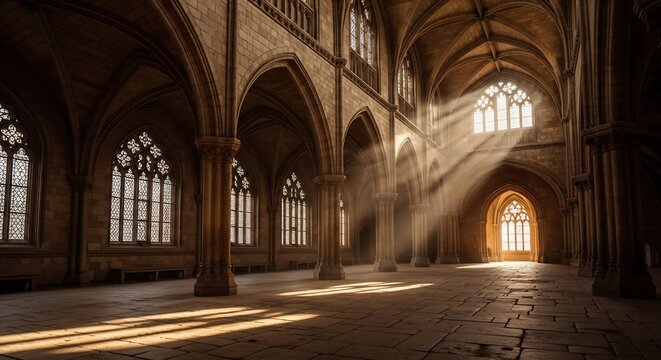 Sunbeams illuminate ancient gothic cathedral interior with ornate windows.