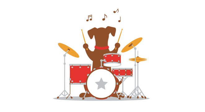 Brown dog playing red drum set.