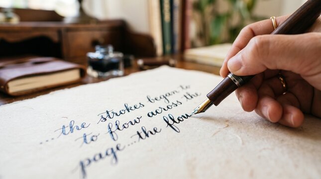 Hand writing calligraphy with fountain pen on textured paper, inkwell and books on desk
