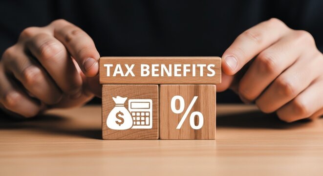 Tax benefits concept with wooden blocks, financial planning and tax deduction icons, person holding tax savings cubes on desk
