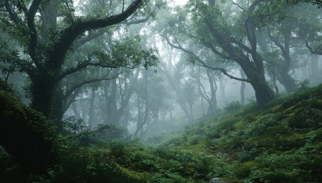Misty forest scene with old trees, green foliage, and soft light creating an ethereal atmosphere