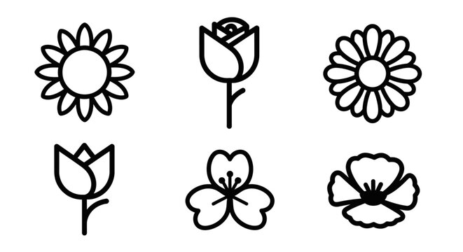Black line drawings of various flowers 1.