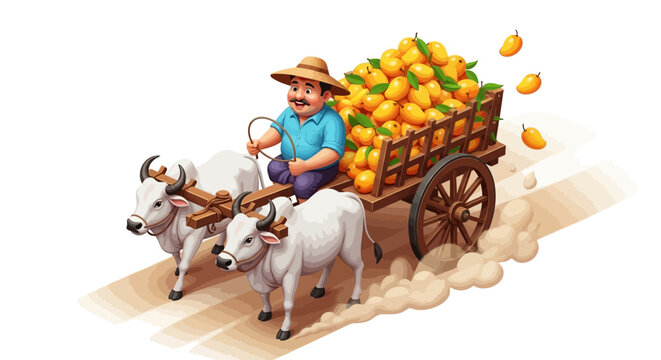 Illustration of a farmer with a hat driving a bullock cart filled with a mango harvest, depicted in a cartoon style with vibrant, warm colors against a clean white background