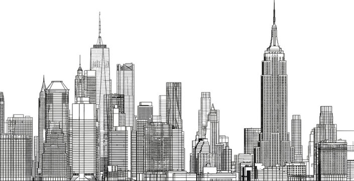 New York City skyline with iconic skyscrapers including Empire State Building in detailed architectural line vector illustration