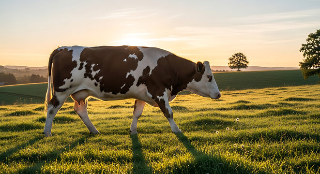 A cow grazing peacefully in a green meadow on a farm surrounded by nature and open sky