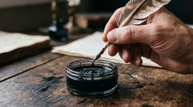 Hand writing with quill pen and inkwell on vintage wooden desk, close-up