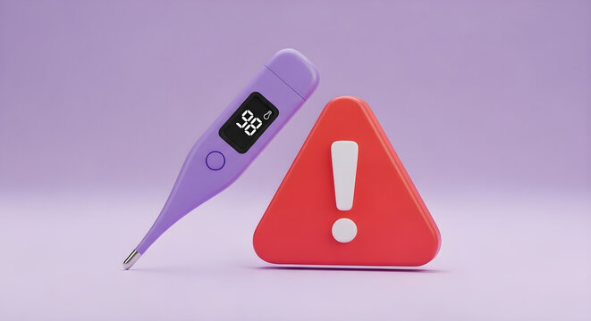 A digital thermometer displaying a normal temperature reading positioned next to a bright red triangular warning sign, collectively symbolizing health awareness, potential medical concerns, and the im