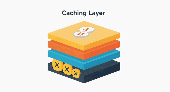An illustration of a caching layer with stacked colored blocks representing data storage and management.