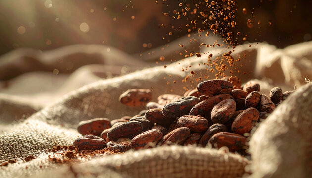 Granos de cacao crudos cayendo sobre lino natural