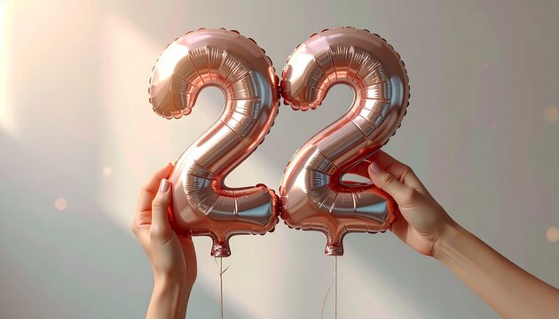Vibrant rose gold foil balloons shaped as number twenty-two, held by hands, gleaming in soft light, representing a joyous milestone celebration or significant anniversary